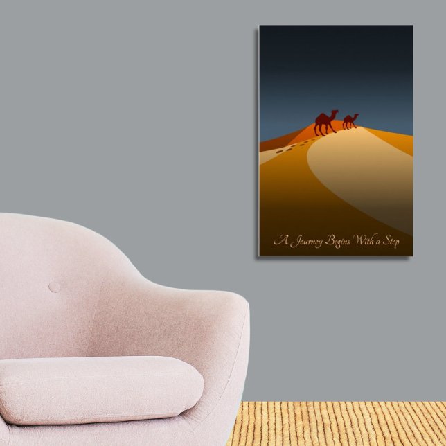 Poster Uma Viagem Começa Com Um Passo, Deserto Laranja E  (A Journey Begins With A Step, Orange & Blue Desert Poster, Livingroom)