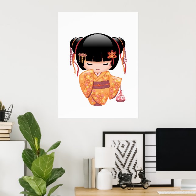 Póster Ume Kokeshi Doll - Rapariga Peach Geisha Japonesa (Escritório em casa)