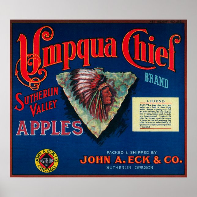 Póster Umpqua Principal Apple Crate LabelSutherlin, OU (Frente)