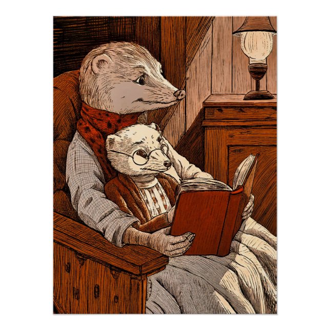 Póster Un furet lisant un libre a un jeune furet  (Frente)