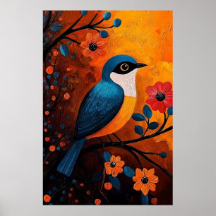 Poster Un Solo Pájaro - Pássaro Vibrante e Arte Floral
