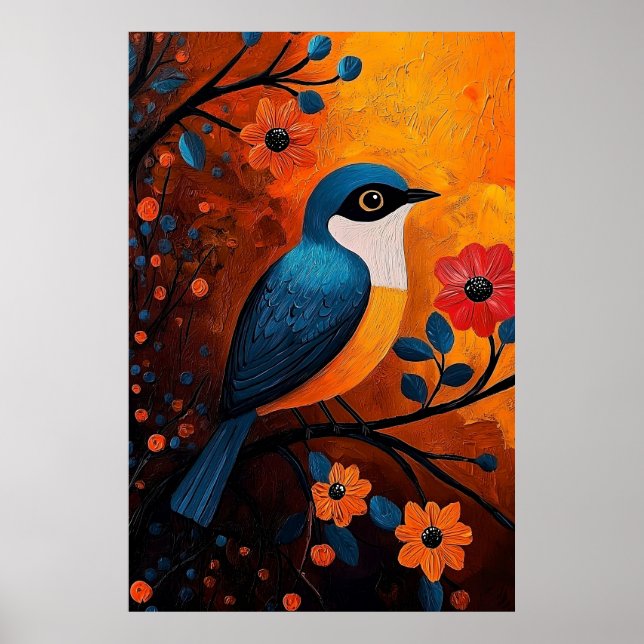 Poster Un Solo Pájaro - Pássaro Vibrante e Arte Floral (Frente)