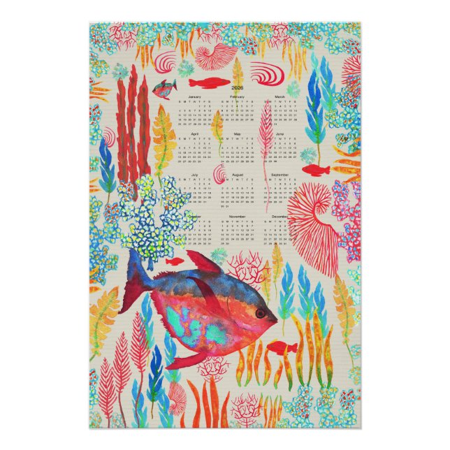 Póster Under the Sea hand drawn watercolor 2026 calendar (Frente)