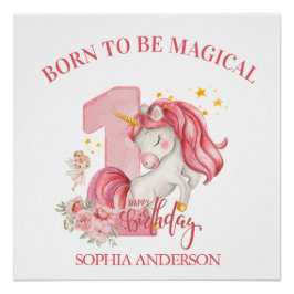 Póster Unicorn 1st Birthday Pink Little Girl 