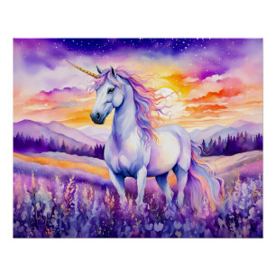 Póster Unicorn Beneath Vibrant Sunset Rainbow Sky