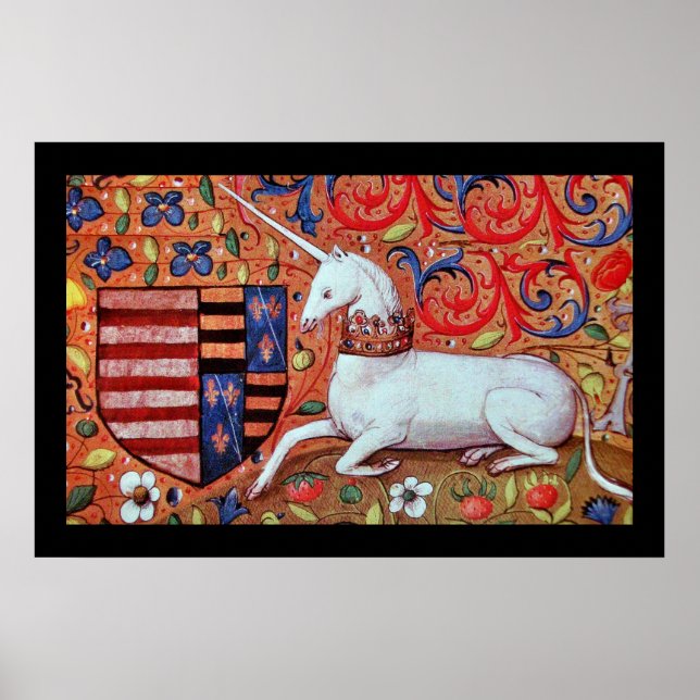 PÓSTER UNICORN COM MOTIFOS VERMELHOS AZUIS FLORADOS (Frente)