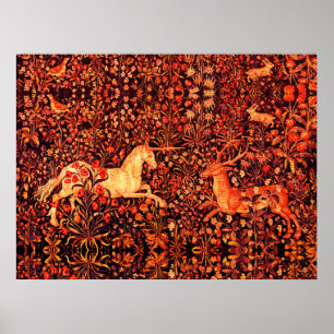 Poster UNICORN E DEER,FLORES,ANIMAIS FLORESTAIS Red Flora