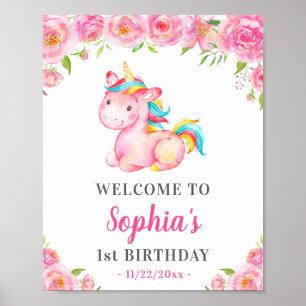 Poster Unicorn Girl 1st First Birthday Party Pink Welcome