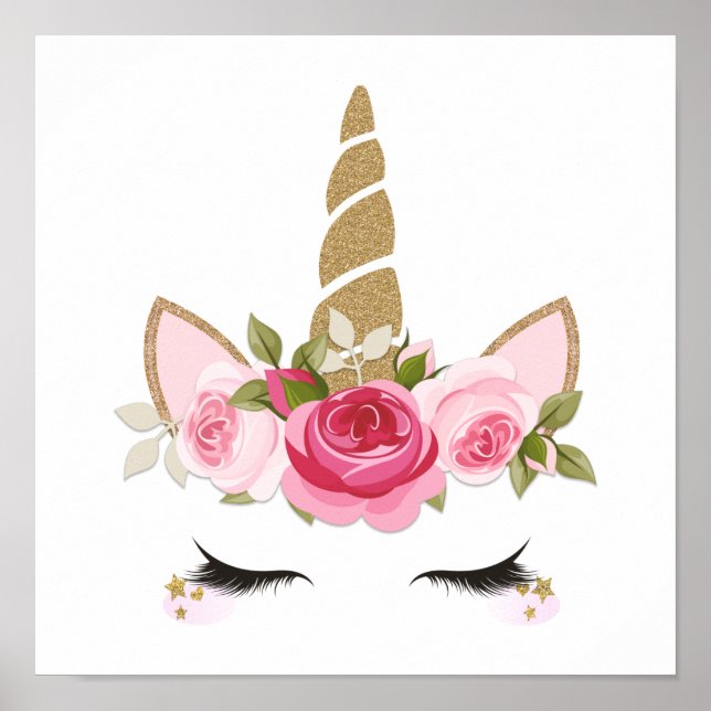 Poster Unicorn Gold Floral Fofo Moda Cartaz (Frente)