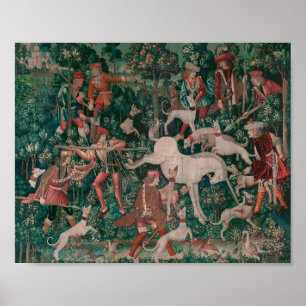 Poster Unicorn Hunt Medieval Art, Unicórnio Se Defende