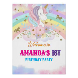 Póster Unicorn Rainbow 1st Birthday Party Welcome Sign