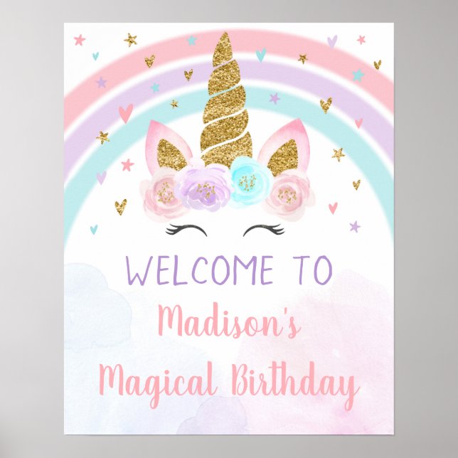 Poster Unicorn Rainbow Pink Dourado Birday (Frente)