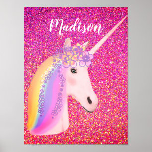 Poster Unicorn Rainbow Rosa Dourada Glitter Sparkle Girls