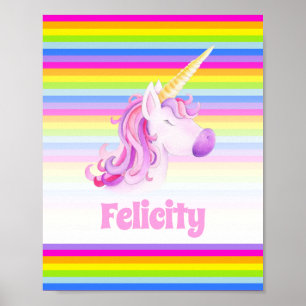 Poster Unicorn rosa e listras de arco-íris nome personali