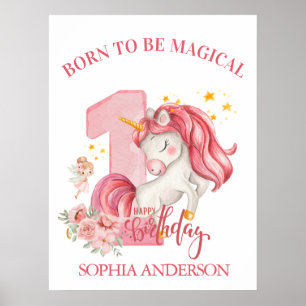 Poster Unicórnio 1º Aniversário Menina Rosa