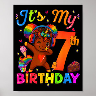Poster Unicórnio Afro Aniversário de 7 anos Menina Cabelo