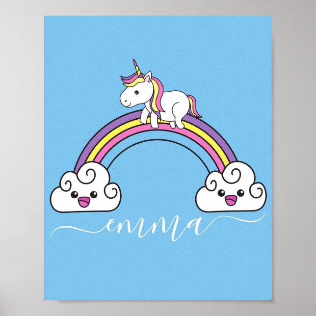 Poster Unicórnio Arco-Íris Fofo Nome Personalizado  (Frente)
