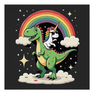 Póster Unicórnio Arco-Íris Montando T rex - Dinossauro Me