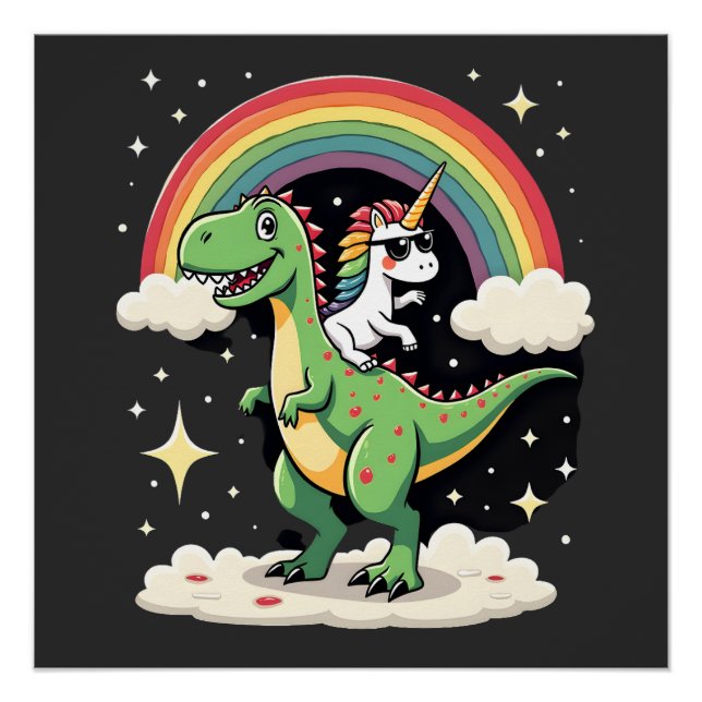 Póster Unicórnio Arco-Íris Montando T rex - Dinossauro Me (Frente)