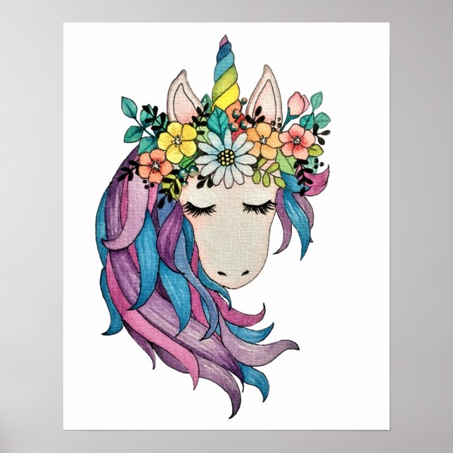 Poster Unicórnio Com Flores Selvagens Em Aquarela (Frente)