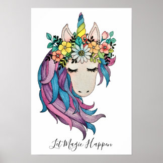 Poster Unicórnio Com Flores Selvagens Em Aquarela