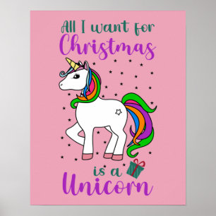 Poster Unicórnio de Natal Arco-íris Mágico Verde Roxo