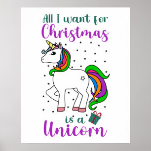 Poster Unicórnio de Natal Arco-íris Mágico Verde Roxo Pos