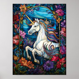 Poster Unicórnio de Vidro Colorido em Arte de Jardim Flor