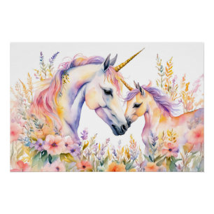 Póster Unicórnio e Bebê Ternos em Flor em Aquarela Boho