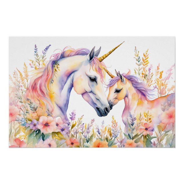 Póster Unicórnio e Bebê Ternos em Flor em Aquarela Boho  (Frente)