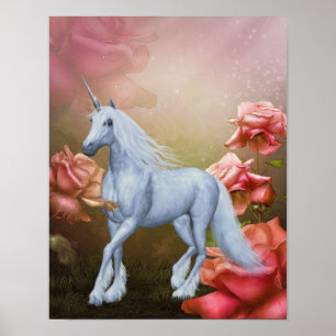 Póster Unicórnio E Rosas Fantasy Horse Art