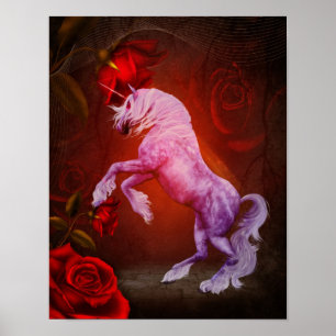 Póster Unicórnio E Rosas vermelhas Fantasy Horse Art