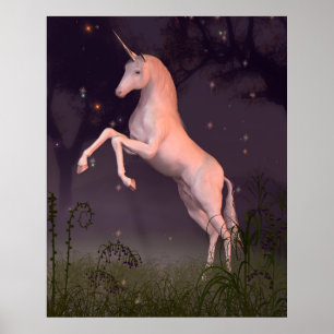 Póster Unicórnio em um Glade enluarada da floresta