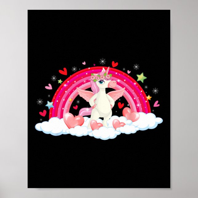 Poster Unicórnio Engraçado Corações Arco-íris Estrelas Fe (Frente)