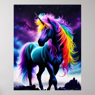 Poster Unicórnio Escuro com Rainbow Mane