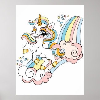 Poster Unicórnio fofo em um arco-íris