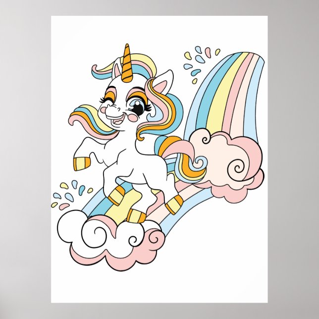 Poster Unicórnio fofo em um arco-íris (Frente)