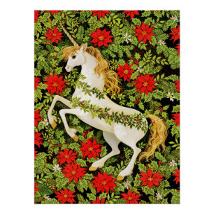 Póster Unicórnio Natal Feliz Vermelho Verde Branco