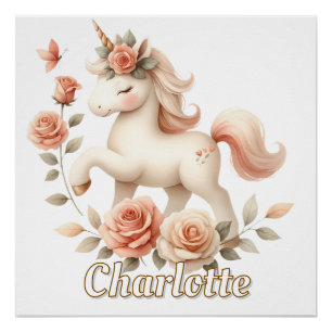 Póster Unicórnio pastel caprichoso com rosas