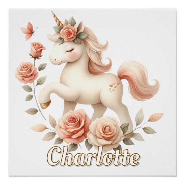 Póster Unicórnio pastel caprichoso com rosas (Frente)