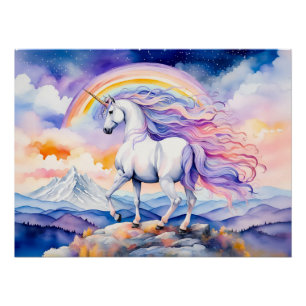 Póster Unicórnio sob Nuvens de Arco-íris Pastel Suave