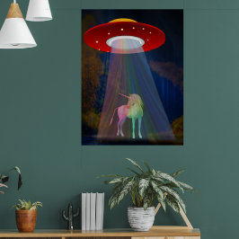 Poster Unicórnio sob o Feixe de Arco-íris de OVNI à Noite