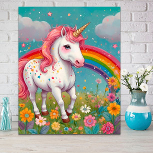 Poster Unicórnio Whimsical no Rainbow Floral Meadow