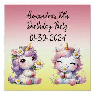Póster Unicórnios e margaridas, festa de aniversário infa