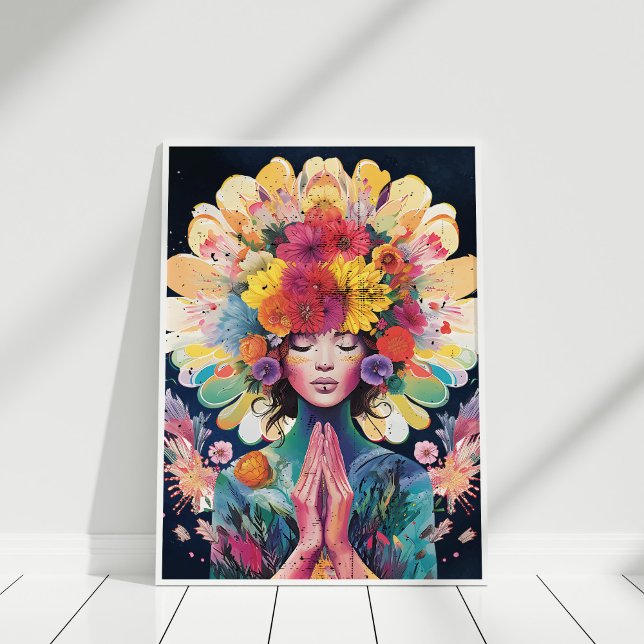 Poster Universo de Flores de Garotas Meditantes (Meditating Girl Flowers Universe Poster in white frame against white wall.)
