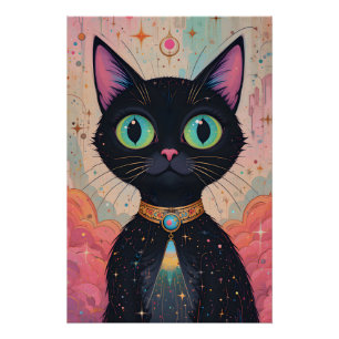 Póster Universo de Gato Preto Cósmico Futurista Atômico