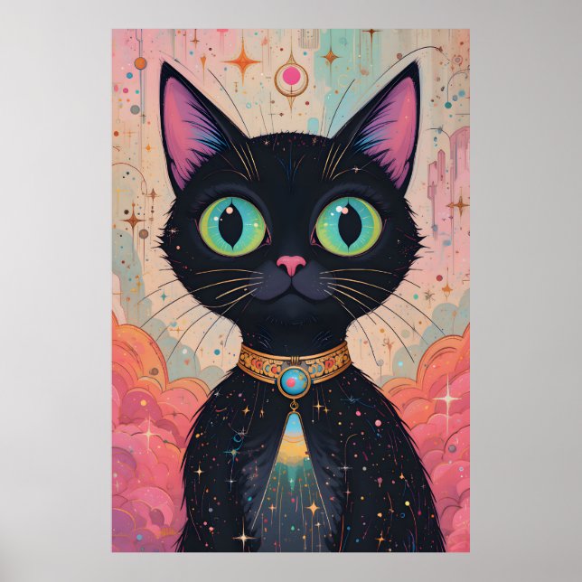Poster Universo de Gato Preto Cósmico Futurista Atômico (Frente)