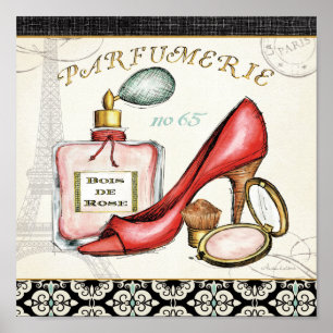 Poster Uns calçados vermelhos, uma garrafa do perfume, e