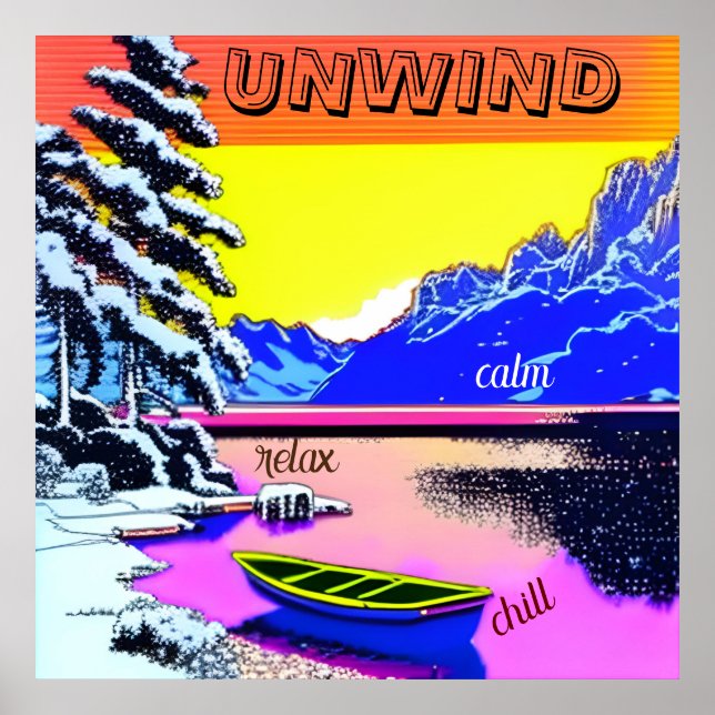Poster UNWIND - barco lago das montanhas de neve. Editáve (Frente)