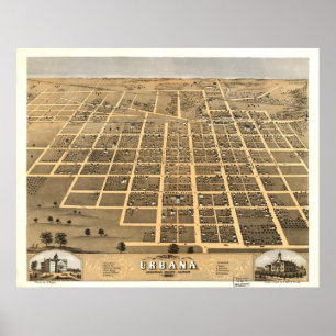 Póster Urbana Illinois 1869 Mapa Panorâmico Antiquado